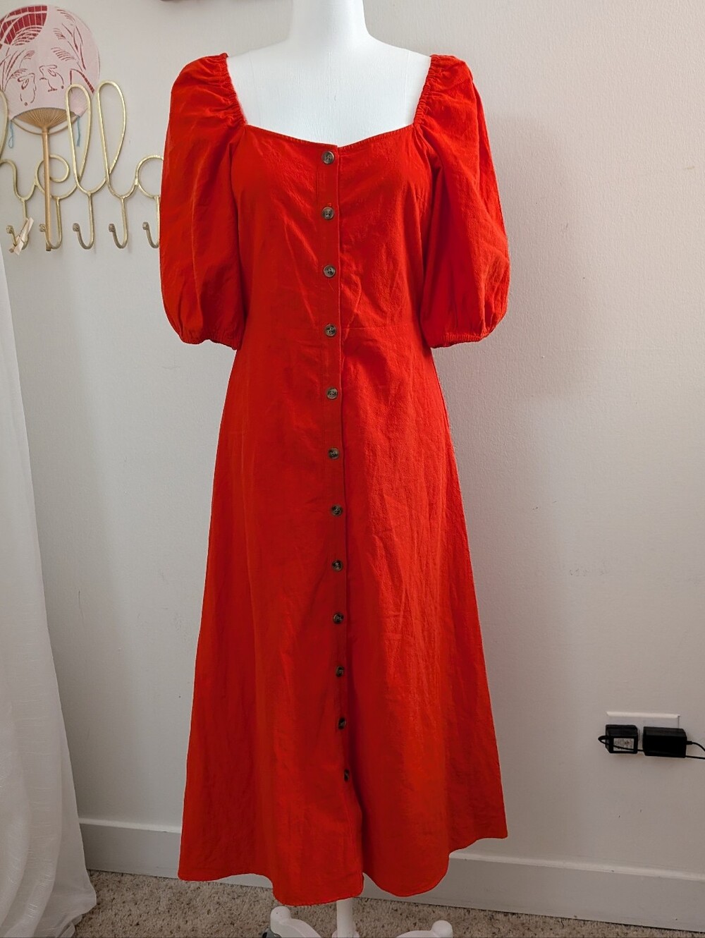 h&m red cotton midi dress